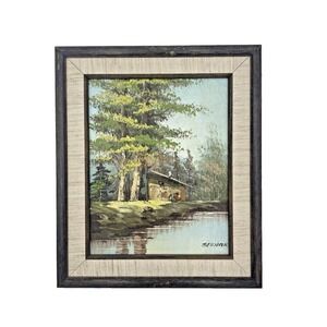 Vintage Oil Painting Cabin in the Woods Framed‎  11 x 13" Signed Nature River
